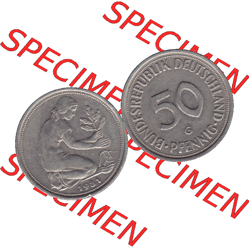 BRD Münzen 50 Pf. Umlaufmünze in PNG 1950-2001, 50 Pfennig BRD Deutschland 1981 Münzstätte Karlsruhe "G"-01. 50 Pfennig Münze BRD der 1980-er Jahre.... Sammlung