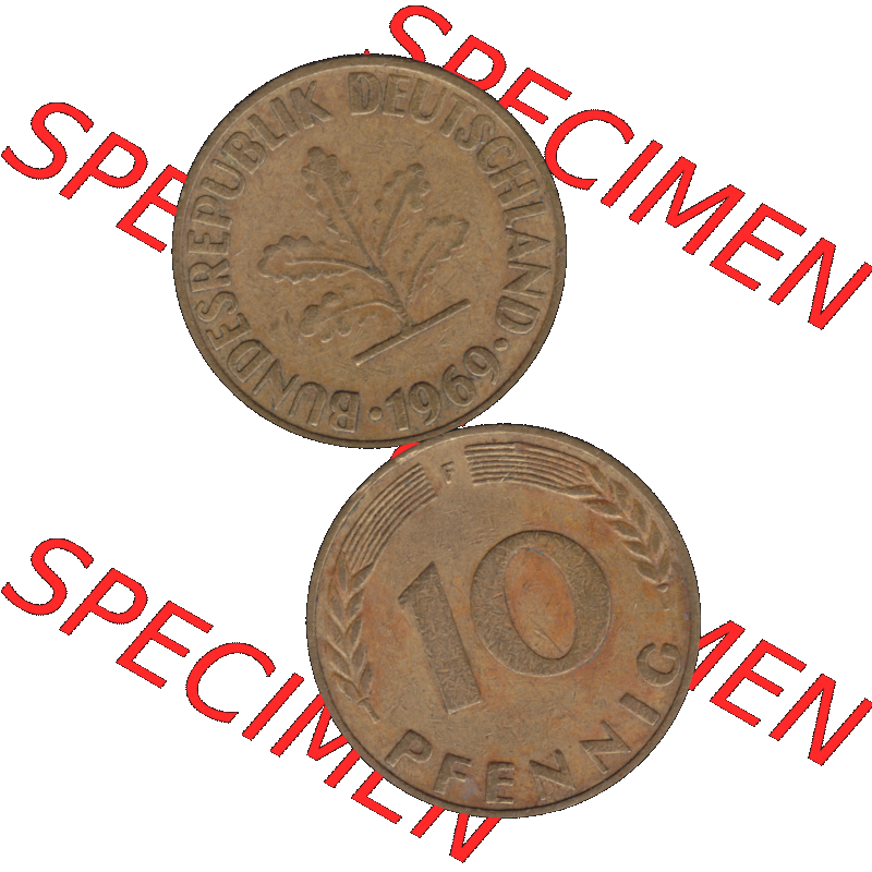 BRD Münzen 10 Pf. Umlaufmünze in PNG 1950-2001, 10 Pfennig 1969 F-01. Vorderseite und Rückseite auf einen Bild / Foto vertikal untereinander zusammengefügt,... Sammlung