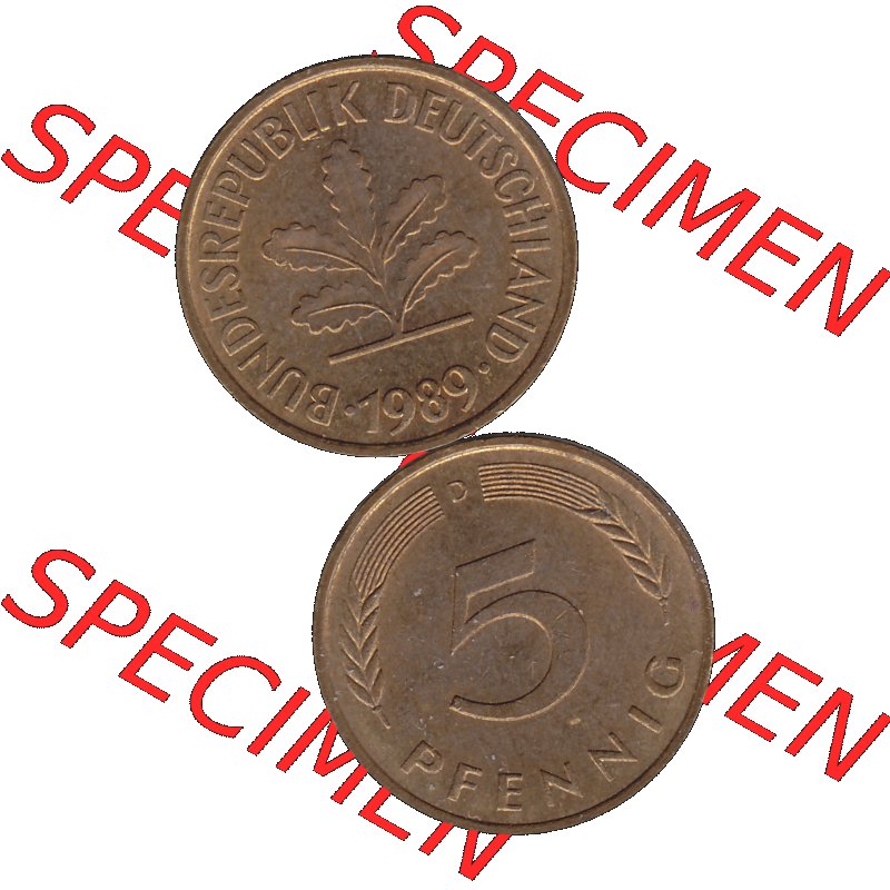 BRD Münzen 5 Pf., Umlaufmünze 1950-2001, 5 Pfennig Deutschland der BRD, 1989 Münzstätte München Mzz. D-02. Vorderseite und Rückseite... Sammlung