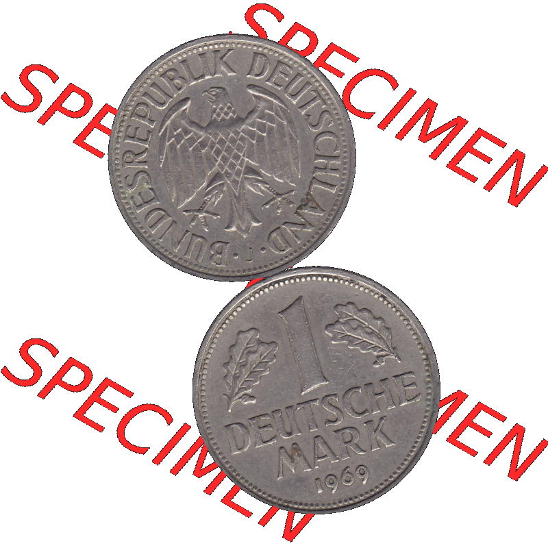 BRD Münzen 1 DM, Umlaufmünze 1950-2001, BRD Deutschland 1 / Eine DM - 1 Eine Deutsche Mark, 1969 Münzzeichen Hamburg Mzz J-1. Münzen-Rückseite und... Sammlung