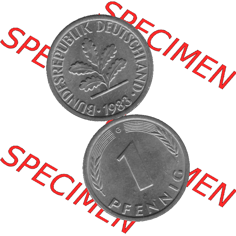 BRD Münzen 1 Pfennig BRD-Deutschland Umlaufmünze in Graustufen PNG 1950-2001, 1 Pfennig 1983, 1980er Jahre Münzstätte Karlsruhe G-01. Graustufen-Bild erstellt aus... Sammlung