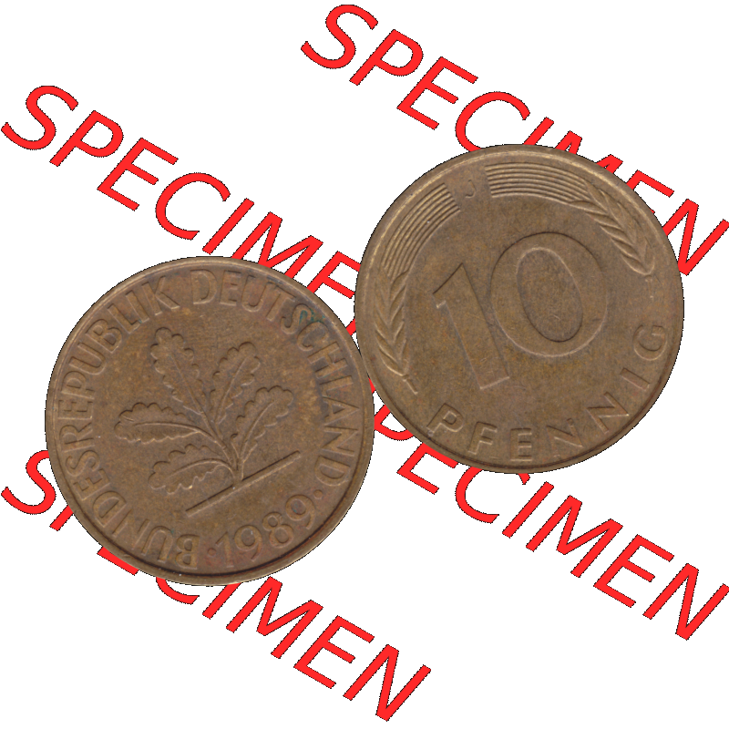 BRD Münzen 10 Pf. Umlaufmünze in PNG 1950-2001, 10 Pfennig der Bundesrepublik Deutschland 1989 Münzstätte Hamburg Mzz. J-01. Vorderseite und Rückseite... Sammlung