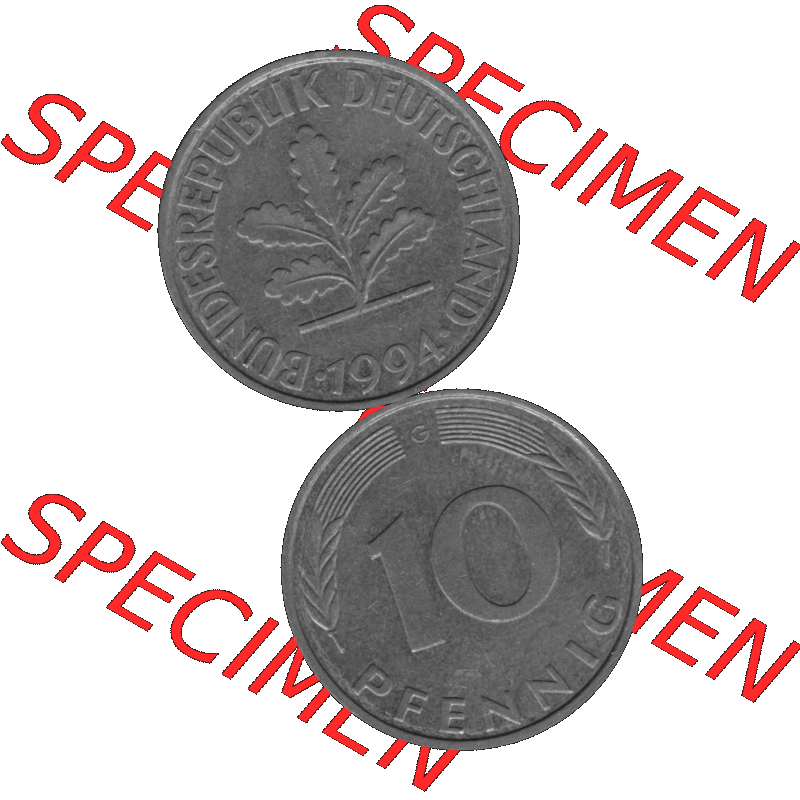 BRD Münzen 10 Pf. Umlaufmünze in PNG 1950-2001, 10 Pfennig 1994 G-12 Graustufen. Graustufen PNG-Bild, erstellt aus farbigen Vorlagen-Bild mit Vorderseite und Rückseite... Sammlung