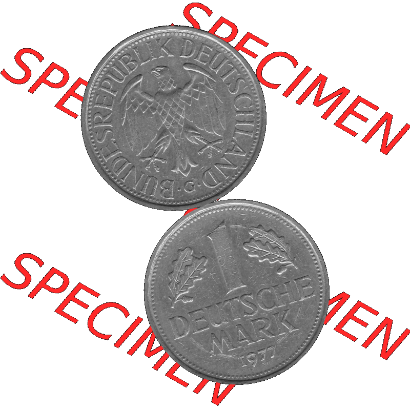 BRD Deutschland Münzen 1 / Eine DM / Eine Deutsche Mark in Graustufen PNG 1950-2001, 1 DM Deutsche Mark, 1977 Münzzeichen Karlsruhe Mzz. - G-01 Graustufen. PNG... Sammlung