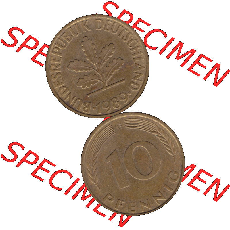 BRD Münzen 10 Pf. Umlaufmünze in PNG 1950-2001, 10 Pfennig 1989 G-01. Vorderseite und Rückseite auf einen Bild / Foto vertikal untereinander zusammengefügt,... Sammlung