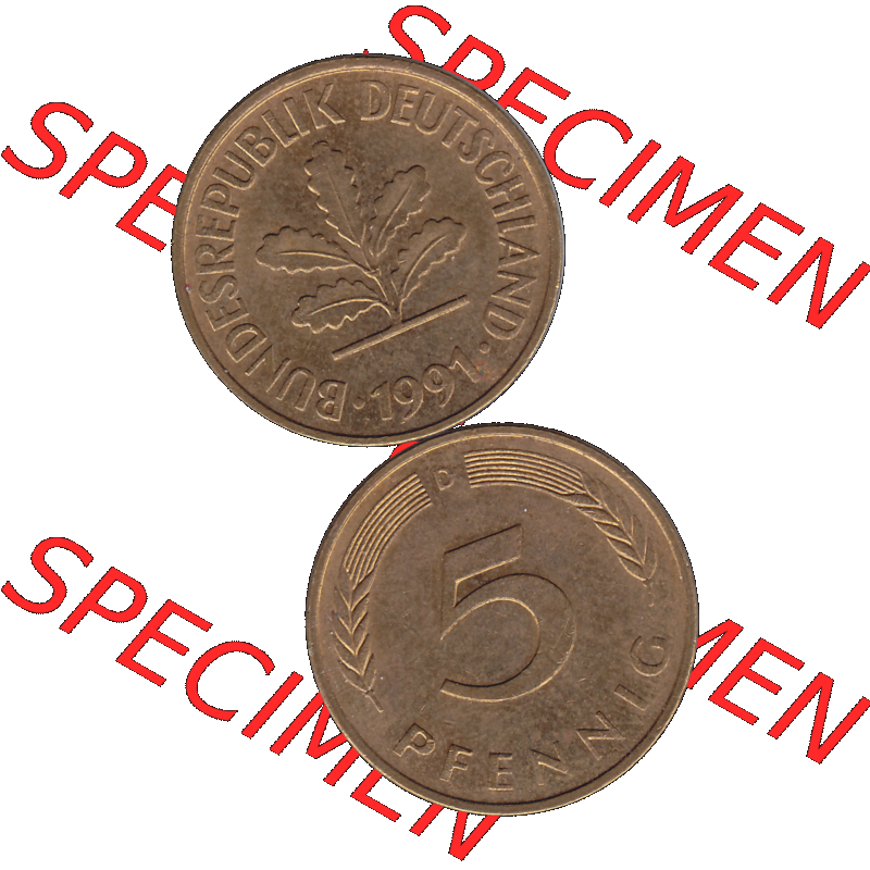 BRD Münzen 5 Pf., Umlaufmünze 1950-2001, 5 Pfennig Deutschland der BRD, 1991 Münzstätte München Mzz. D-01. Vorderseite und Rückseite... Sammlung