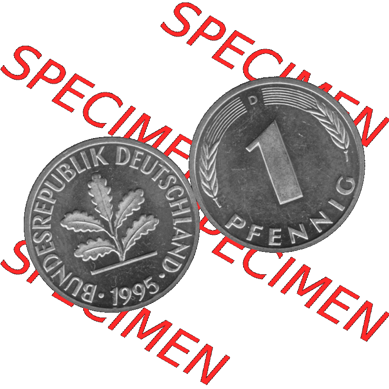 BRD Münzen 1 Pfennig Umlaufmünze in Graustufen PNG 1950-2001, 1 Pfennig 1995 München D-01. Graustufen-Bilder der Vorderseite und Rückseite mit Wert-Zahl auf einen Bild... Sammlung