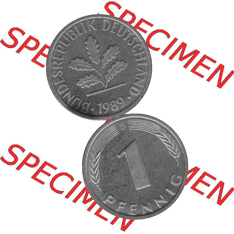BRD Münzen 1 Pfennig Umlaufmünze in Graustufen PNG 1950-2001, 1 Pfennig 1989 München D-01. Graustufen-Bild erstellt aus Farbigen Bild mit Vorderseite und Rückseite auf... Sammlung