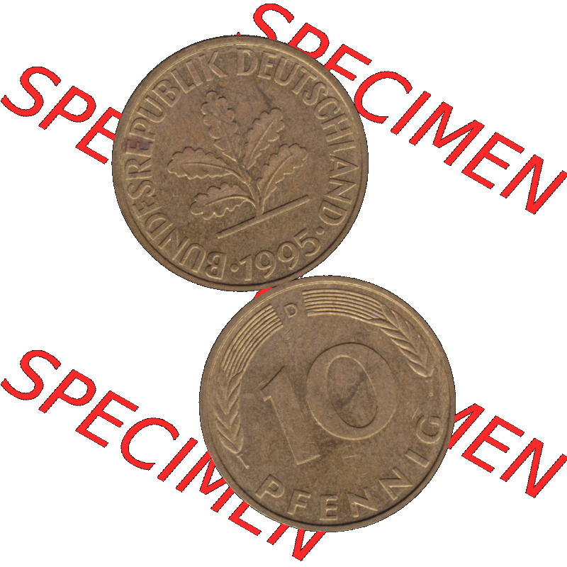 BRD Münzen 10 Pf. Umlaufmünze in PNG 1950-2001, 10 Pfennig 1995 D-01. Vorderseite und Rückseite auf einen Bild / Foto vertikal untereinander zusammengefügt,... Sammlung
