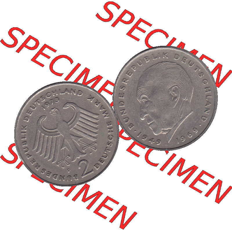 BRD Münzen 2 DM, Gedenkmünze in PNG 1969-1987, 2 DM, Deutsche Mark Konrad Adenauer 1973 Münzzeichen Mzz Stuttgart F-1. Vorderseite und Rückseite mit Deutschen... Sammlung