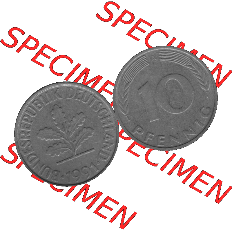 BRD Münzen 10 Pf. Umlaufmünze in PNG 1990-2001, 10 Pfennig 1991 A-01 Graustufen. Graustufen-Bilder der Vorderseite und Rückseite mit Wert-Zahl auf einen Bild / Foto... Sammlung