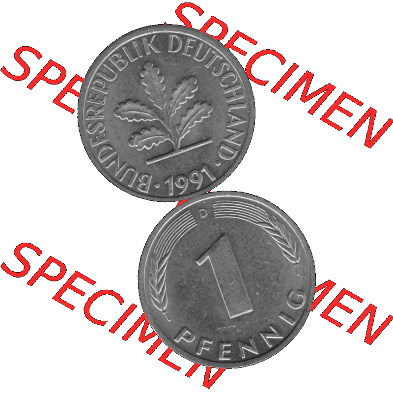 BRD Münzen 1 Pfennig Umlaufmünze in Graustufen PNG 1950-2001, 1 Pfennig 1991 München D-01. Graustufen-Bild erstellt aus Farbigen Bild mit Vorderseite und Rückseite auf... Sammlung