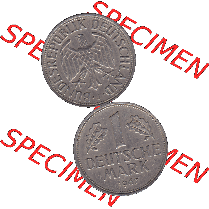 BRD Münzen 1 DM, Umlaufmünze 1950-2001, BRD Deutschland 1 / Eine DM - 1 Eine Deutsche Mark, 1967 Münzzeichen Hamburg Mzz J-1. Münzen-Rückseite und... Sammlung