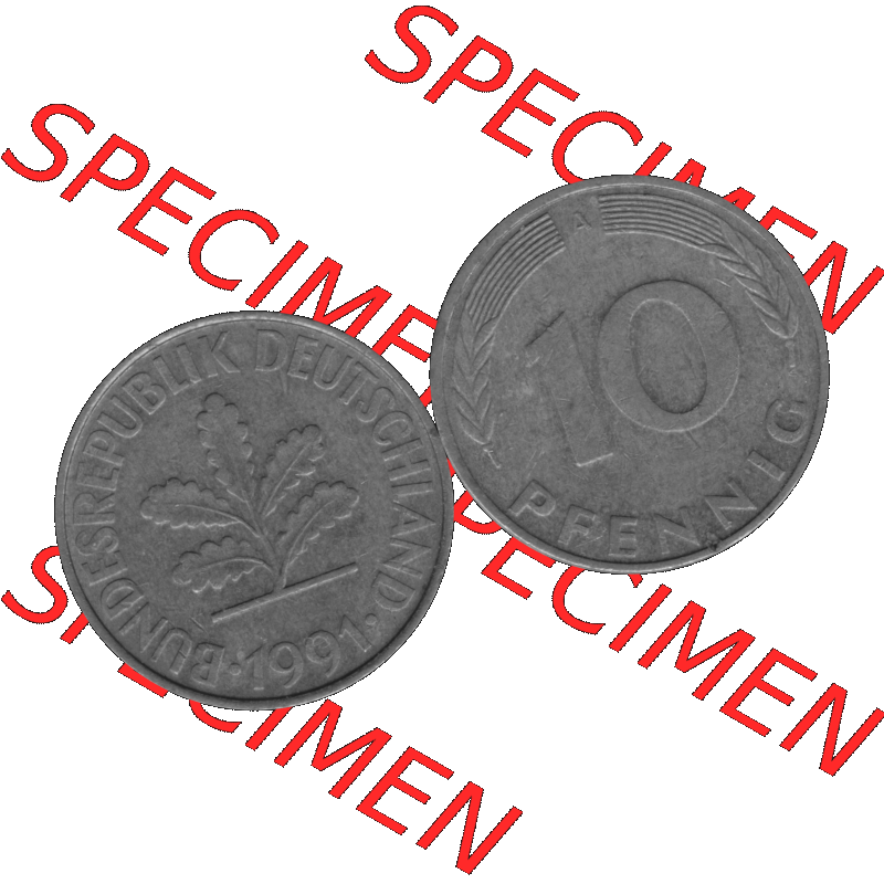 BRD Münzen 10 Pf. Umlaufmünze in PNG 1990-2001, 10 Pfennig 1991 A-03 Graustufen. Graustufen-Bilder der Vorderseite und Rückseite mit Wert-Zahl auf einen Bild / Foto... Sammlung
