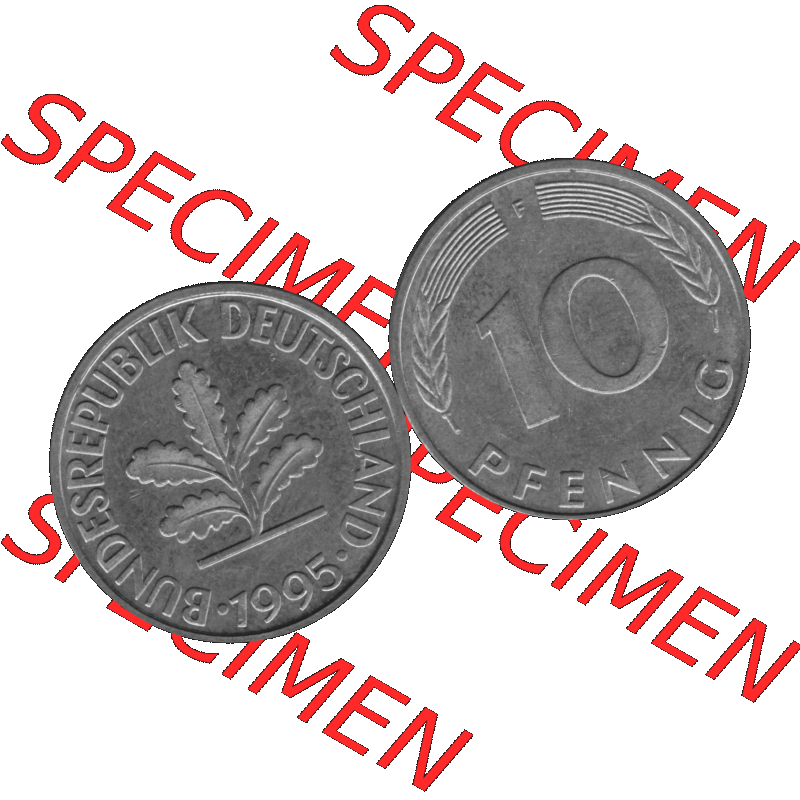 BRD Münzen 10 Pf. Umlaufmünze in PNG 1950-2001, 10 Pfennig 1995 F-02 Graustufen. Graustufen-Bild aus Farbigen Bilder mit Vorderseite und Rückseite mit Wert-Zahl auf einen... Sammlung