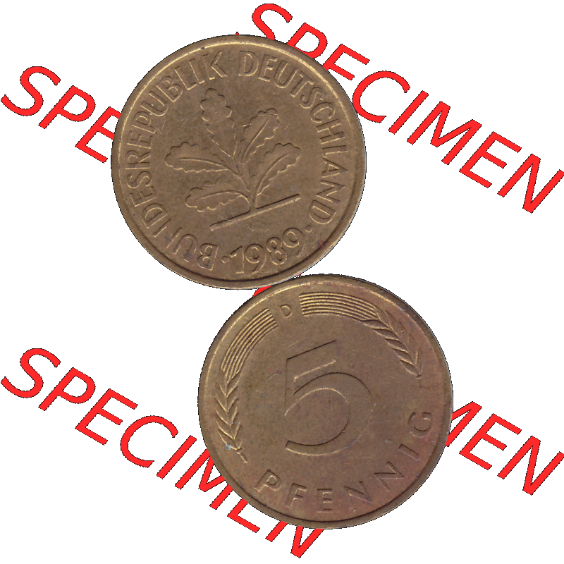 BRD Münzen 5 Pf., Umlaufmünze 1950-2001, 5 Pfennig Deutschland der BRD, 1989 Münzstätte München Mzz. D-01. Vorderseite und Rückseite... Sammlung