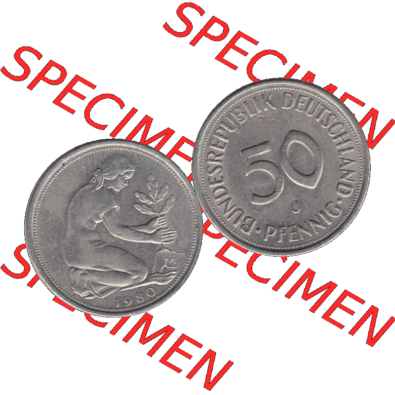 BRD Münzen 50 Pf. Umlaufmünze in PNG 1950-2001, 50 Pfennig BRD Deutschland 1980 "J"-01. PNG Computer-Grafik einer digitalisierten 50 Pfennig / Fünfzig Pfennige... Sammlung