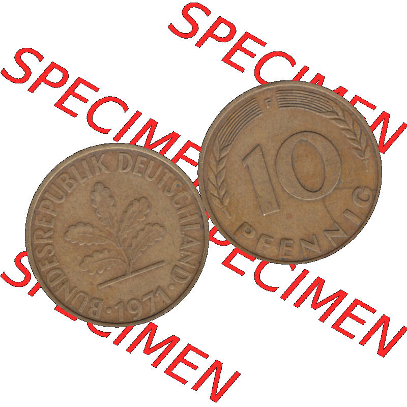 BRD Münzen 10 Pf. Umlaufmünze in PNG 1950-2001, 10 Pfennig 1971 F-01. Vorderseite und Rückseite mit Wert-Zahl auf einen Bild / Foto der digitalisierten 10 Pfennig... Sammlung