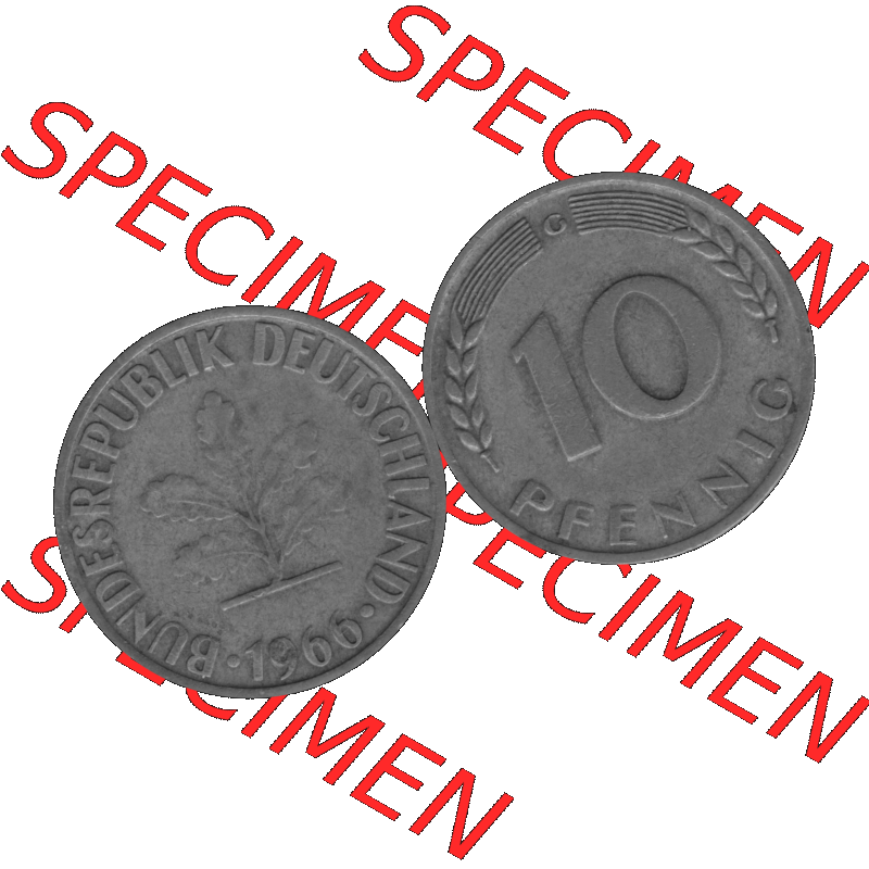 BRD Münzen 10 Pf. Umlaufmünze in PNG 1950-2001, 10 Pfennig 1966 G-01 Graustufen. Graustufen-Bild vom Scanner aus farbigen Bild mit Vorderseite und Rückseite mit Wert-Zahl... Sammlung