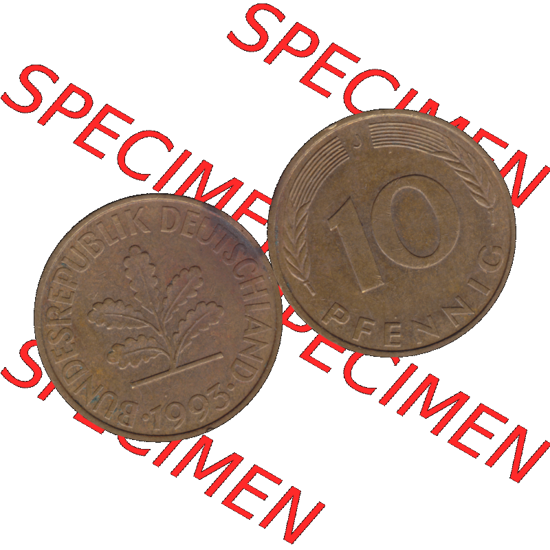 BRD Münzen 10 Pf. Umlaufmünze in PNG 1950-2001, 10 Pfennig der Bundesrepublik Deutschland 1993 Münzstätte Hamburg Mzz. J-01. Vorderseite und Rückseite... Sammlung