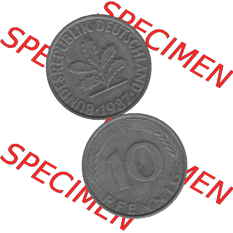 BRD Münzen 10 Pf. Umlaufmünze in PNG 1950-2001, 10 Pfennig 1987 D-01 Graustufen. Graustufen-Bild erstellt aus Farbigen Bild mit Vorderseite und Rückseite auf einen Bild... Sammlung