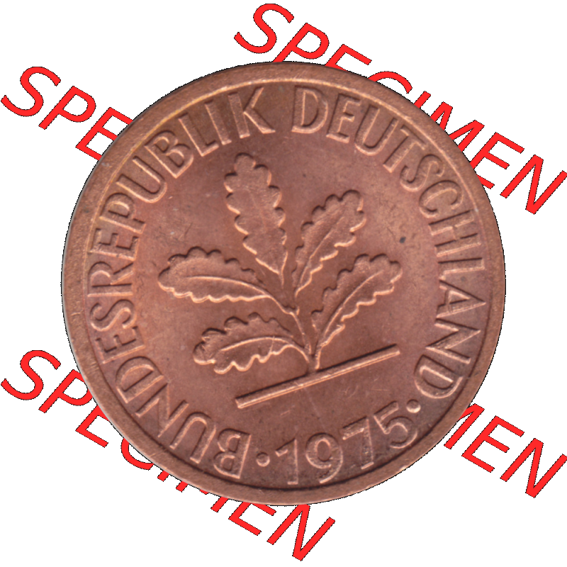 BRD Münzen 1 Pfennig Umlaufmünze in PNG 1950-2001, 1 Pfennig 1975, 1970er Jahre Stuttgart F-01. Vorderseite der digitalisierte 1 / Ein - Pfennig BRD F, mit Mzz.... Sammlung