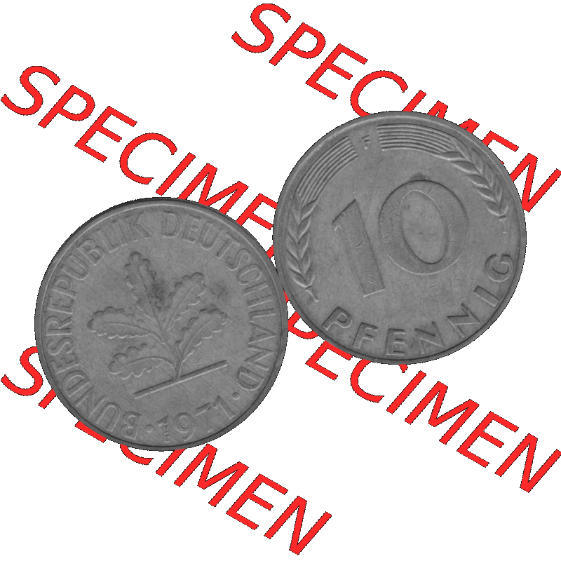 BRD Münzen 10 Pf. Umlaufmünze in PNG 1950-2001, 10 Pfennig 1971 F-05 Graustufen. Graustufen-Bild aus Farbigen Bilder mit Vorderseite und Rückseite mit Wert-Zahl auf einen... Sammlung