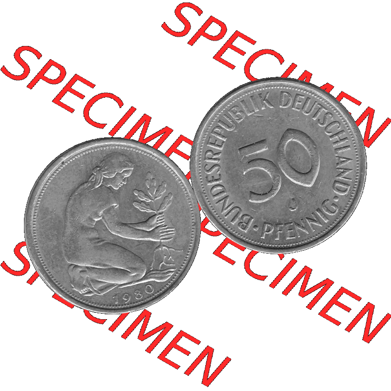 BRD Münzen Deutschland J 50 Pf. Umlaufmünze in Graustufen PNG 1950-2001, 50 Pfennig 1980 Münzzeichen "J" für Hamburg "J"-01 Graustufen. PNG Computer-Grafik... Sammlung