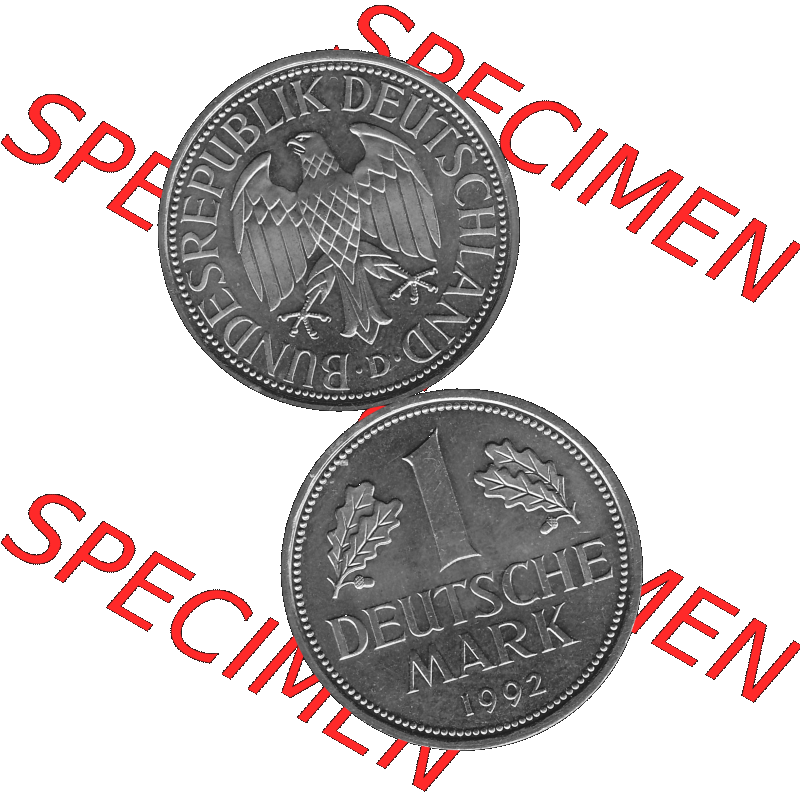 BRD Deutschland Münzen 1 / Eine DM / Eine Deutsche Mark in Graustufen PNG 1950-2001, 1 DM Deutsche Mark, 1992 Münzzeichen für München Mzz. D-01 Graustufen.... Sammlung