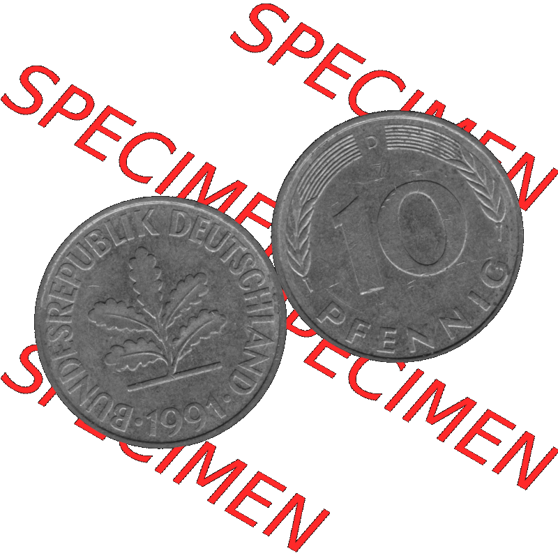 BRD Münzen 10 Pf. Umlaufmünze in PNG 1950-2001, 10 Pfennig 1991 D-10 Graustufen. Graustufen-Bilder der Vorderseite und Rückseite mit Wert-Zahl auf einen Bild / Foto... Sammlung