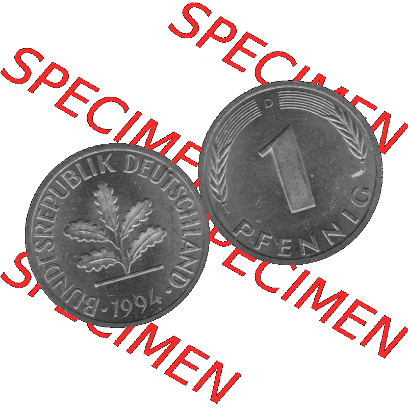 BRD Münzen 1 Pfennig Umlaufmünze in Graustufen PNG 1950-2001, 1 Pfennig 1994 München D-01. Graustufen-Bilder der Vorderseite und Rückseite mit Wert-Zahl auf einen Bild... Sammlung