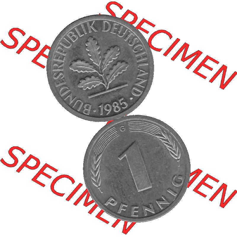 BRD Münzen 1 Pfennig BRD-Deutschland Umlaufmünze in Graustufen PNG 1950-2001, 1 Pfennig 1985, 1980er Jahre Münzstätte Karlsruhe G-01. Graustufen-Bild erstellt aus... Sammlung