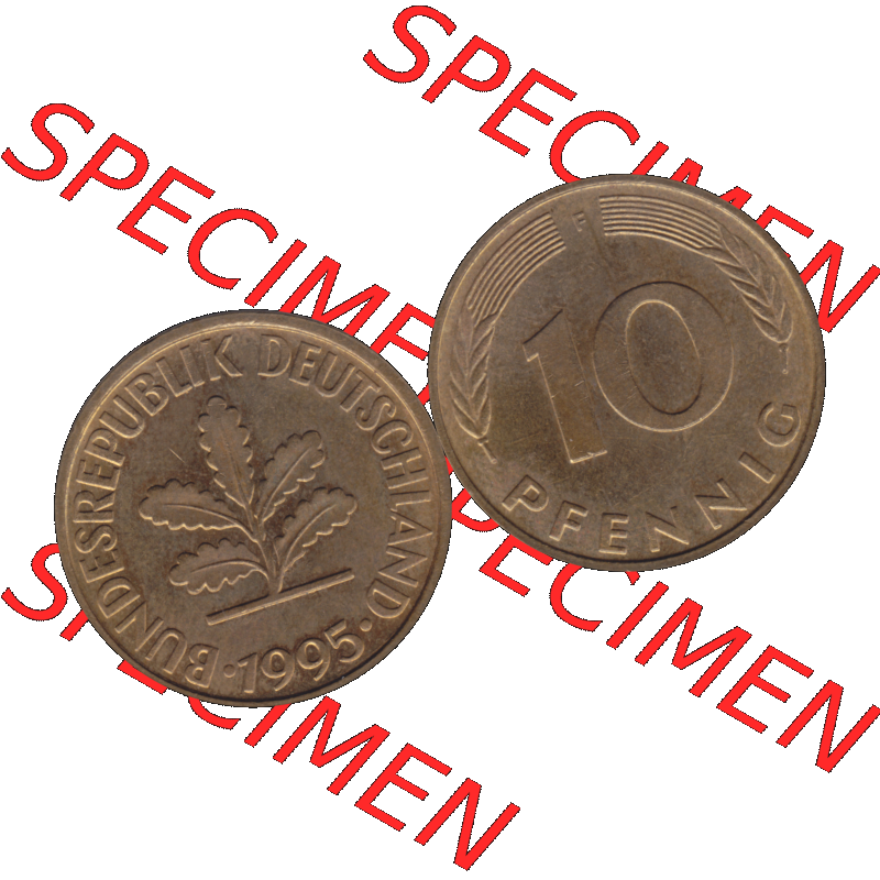BRD Münzen 10 Pf. Umlaufmünze in PNG 1950-2001, 10 Pfennig 1995 F-01. Vorderseite und Rückseite mit Wert-Zahl auf einen Bild / Foto der digitalisierten 10 Pfennig... Sammlung