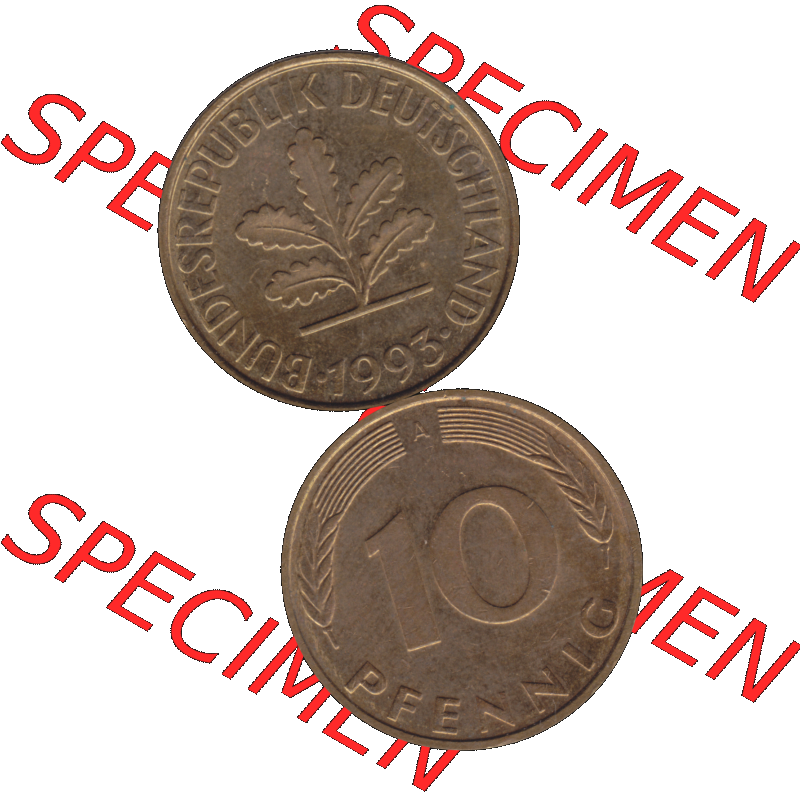 BRD Münzen 10 Pf. Umlaufmünze in PNG 1990-2001, 10 Pfennig 1993 A-01. Vorderseite und Rückseite auf einen Bild / Foto vertikal untereinander zusammengefügt,... Sammlung