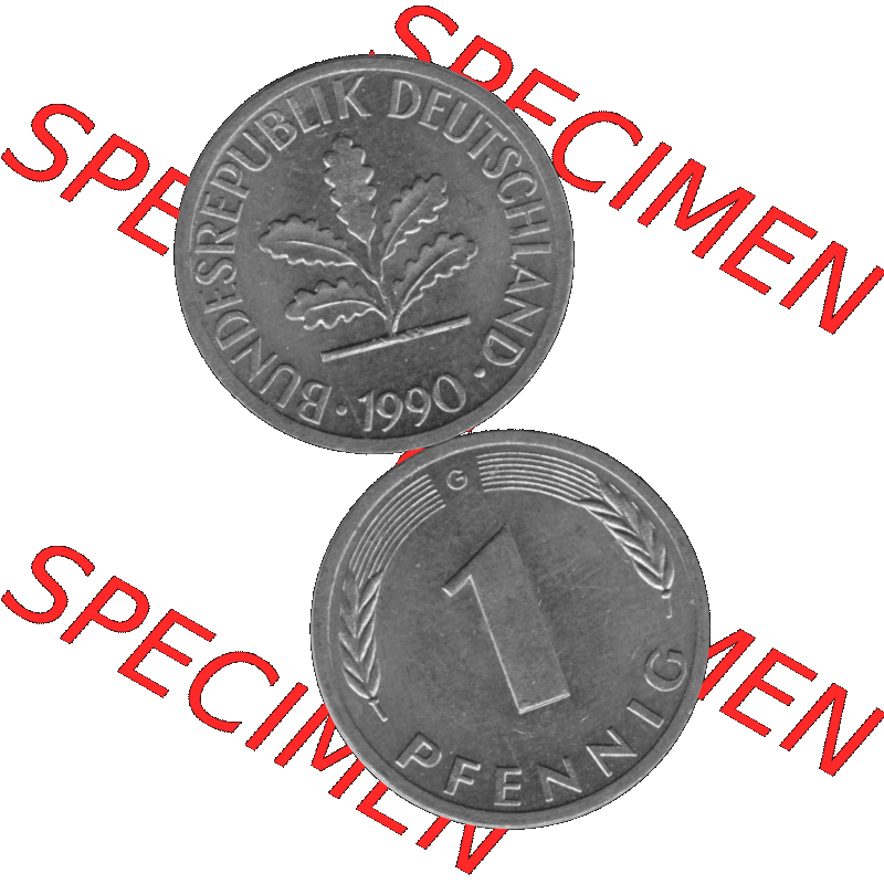 BRD Münzen 1 Pfennig BRD-Deutschland Umlaufmünze in Graustufen PNG 1950-2001, 1 Pfennig 1990, 1990er Jahre Münzstätte Karlsruhe G-01. Graustufen-Bild erstellt aus... Sammlung