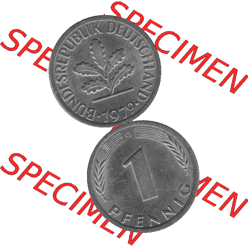 BRD Münzen 1 Pfennig BRD-Deutschland Umlaufmünze in Graustufen PNG 1950-2001, 1 Pfennig 1979, 1970er Jahre Münzstätte Karlsruhe G-01. Graustufen-Bild erstellt aus... Sammlung