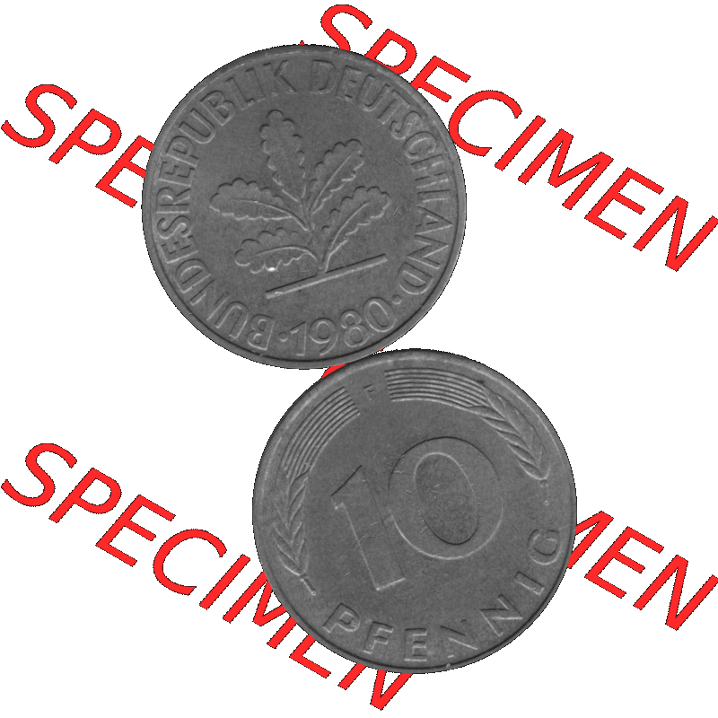 BRD Münzen 10 Pf. Umlaufmünze in PNG 1950-2001, 10 Pfennig 1980 F-01 Graustufen. Graues-Bild aus farbigen Bild erstellt mit Vorderseite und Rückseite auf einen Bild /... Sammlung