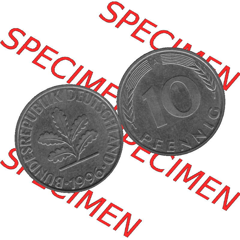 BRD Münzen 10 Pf. Umlaufmünze in PNG 1990-2001, 10 Pfennig 1996 A-01 Graustufen. Graustufen-Bilder der Vorderseite und Rückseite mit Wert-Zahl auf einen Bild / Foto... Sammlung