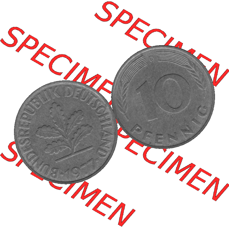 BRD Münzen 10 Pf. Umlaufmünze in PNG 1950-2001, 10 Pfennig 1977 D-01 Graustufen. Graustufen-Bilder der Vorderseite und Rückseite mit Wert-Zahl auf einen Bild / Foto... Sammlung