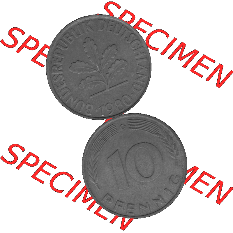 BRD Münzen 10 Pf. Umlaufmünze in PNG 1950-2001, 10 Pfennig 1980 G-01 Graustufen. Graustufen PNG-Bild, erstellt aus farbigen Vorlagen-Bild mit Vorderseite und Rückseite... Sammlung