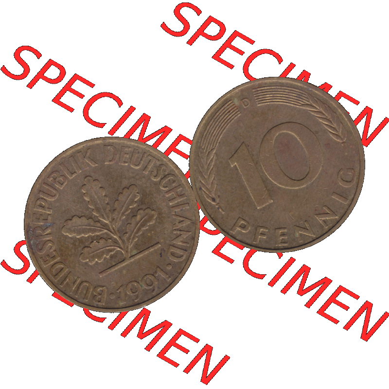 BRD Münzen 10 Pf. Umlaufmünze in PNG 1950-2001, 10 Pfennig 1991 D-02. Vorderseite und Rückseite mit Wert-Zahl auf einen Bild / Foto der digitalisierten 10 Pfennig... Sammlung