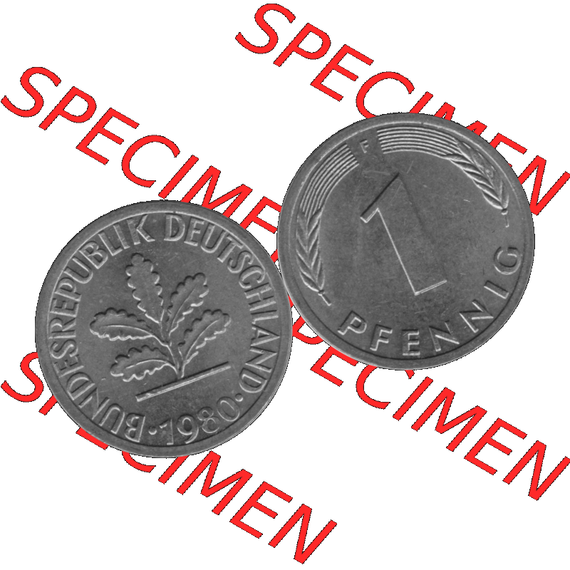 BRD Münzen 1 Pfennig Umlaufmünze in Graustufen PNG 1950-2001, 1 Pfennig 1980, 1980er Jahre Mzz. F-01. Graustufen-Bild aus Farbigen Bilder mit Vorderseite und Rückseite... Sammlung