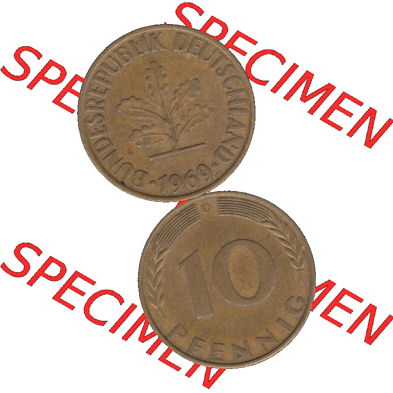 BRD Münzen 10 Pf. Umlaufmünze in PNG 1950-2001, 10 Pfennig 1969 D-01. Vorderseite und Rückseite auf einen Bild / Foto vertikal untereinander zusammengefügt,... Sammlung