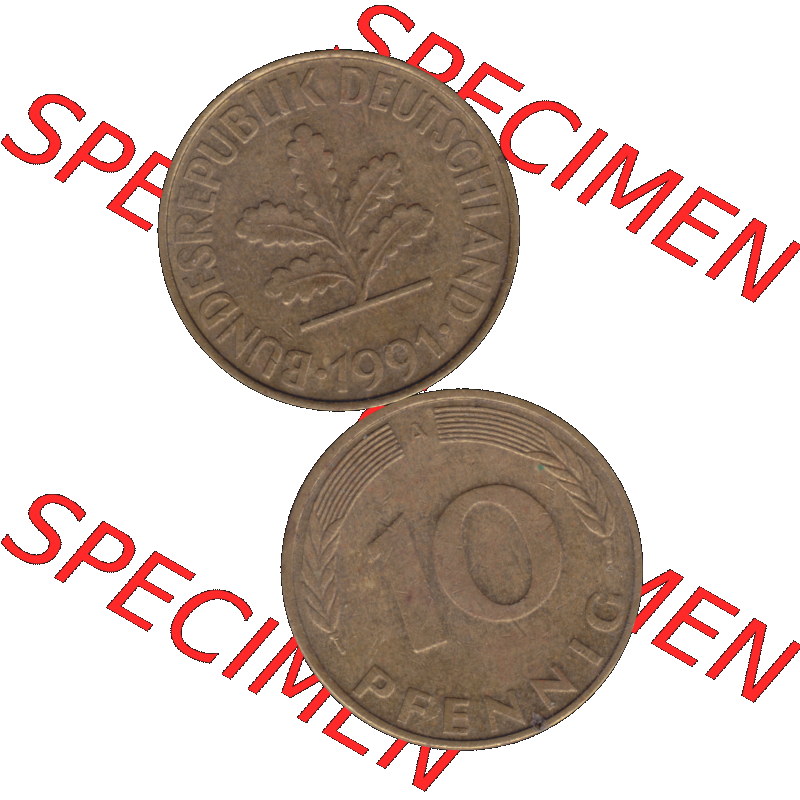 BRD Münzen 10 Pf. Umlaufmünze in PNG 1990-2001, 10 Pfennig 1991 A-03. Vorderseite und Rückseite auf einen Bild / Foto vertikal untereinander zusammengefügt,... Sammlung