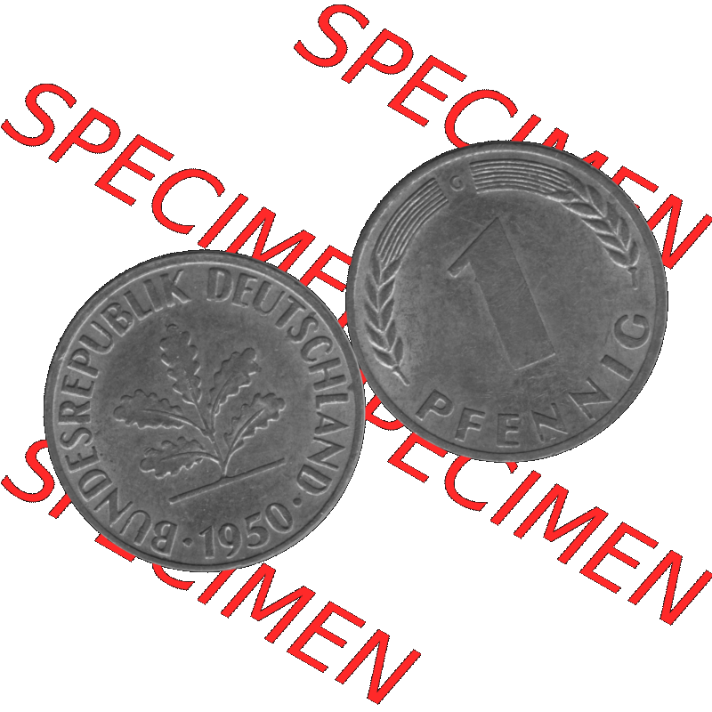 BRD Münzen 1 Pfennig BRD-Deutschland Umlaufmünze in Graustufen PNG 1950-2001, 1 Pfennig 1950, 1950er Jahre Münzstätte Karlsruhe G-01. Graustufen-Bilder der Vorderseite... Sammlung