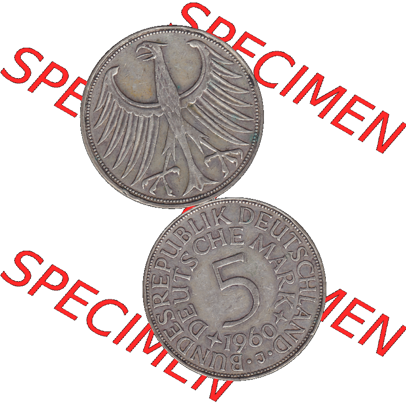 BRD Münzen 5 Deutsche Mark, 5 DM Silbermünze in 625/1000 Silber 1951-1974, 5 DM, 5 Deutsche Mark Silberadler, Heiermann 1960 J-1. Das digitale Bild/Foto... Sammlung