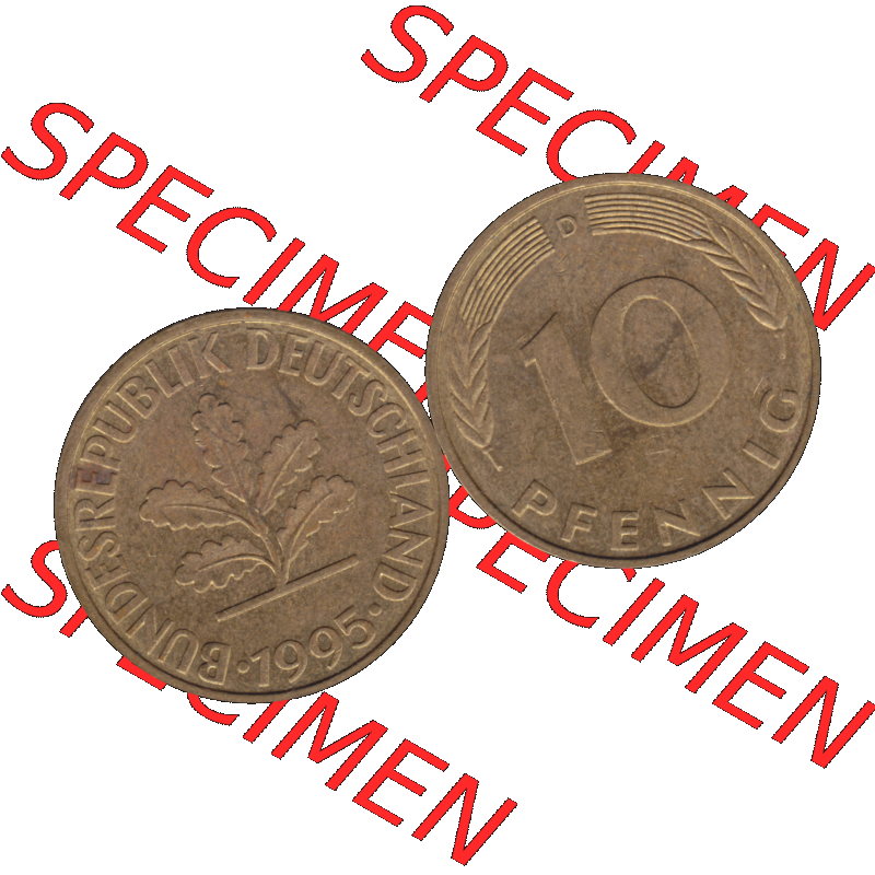 BRD Münzen 10 Pf. Umlaufmünze in PNG 1950-2001, 10 Pfennig 1995 D-01. Vorderseite und Rückseite mit Wert-Zahl auf einen Bild / Foto der digitalisierten 10 Pfennig... Sammlung