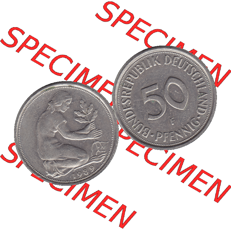BRD Münzen 50 Pf. Umlaufmünze in PNG 1950-2001, 50 Pfennig BRD Deutschland 1989 Stuttgart F-1. Transparente Vorderseite und Rückseite als PNG-Grafik mit Wert-Zahl von... Sammlung