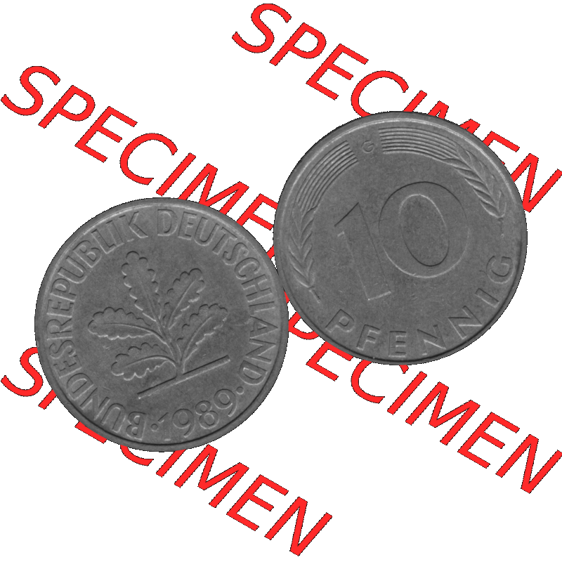 BRD Münzen 10 Pf. Umlaufmünze in PNG 1950-2001, 10 Pfennig 1989 G-01 Graustufen. Graustufen-Bild vom Scanner aus farbigen Bild mit Vorderseite und Rückseite mit Wert-Zahl... Sammlung