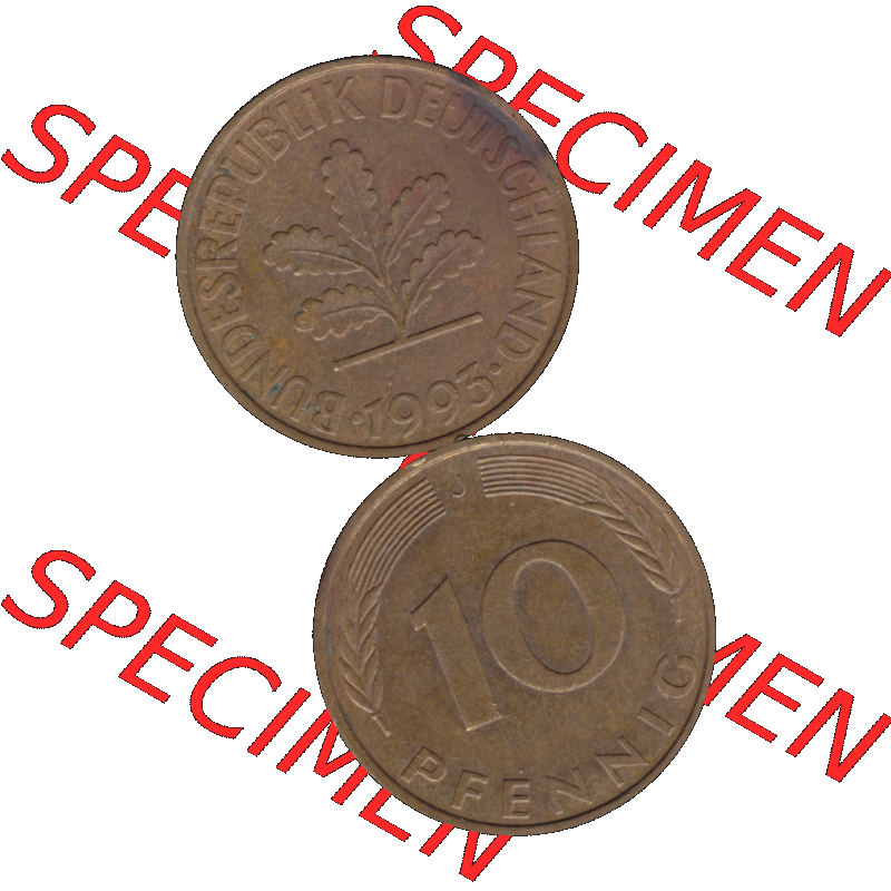 BRD Münzen 10 Pf. Umlaufmünze in PNG 1950-2001, 10 Pfennig der Bundesrepublik Deutschland 1993 Münzstätte Hamburg Mzz. J-01. Vorderseite und Rückseite... Sammlung